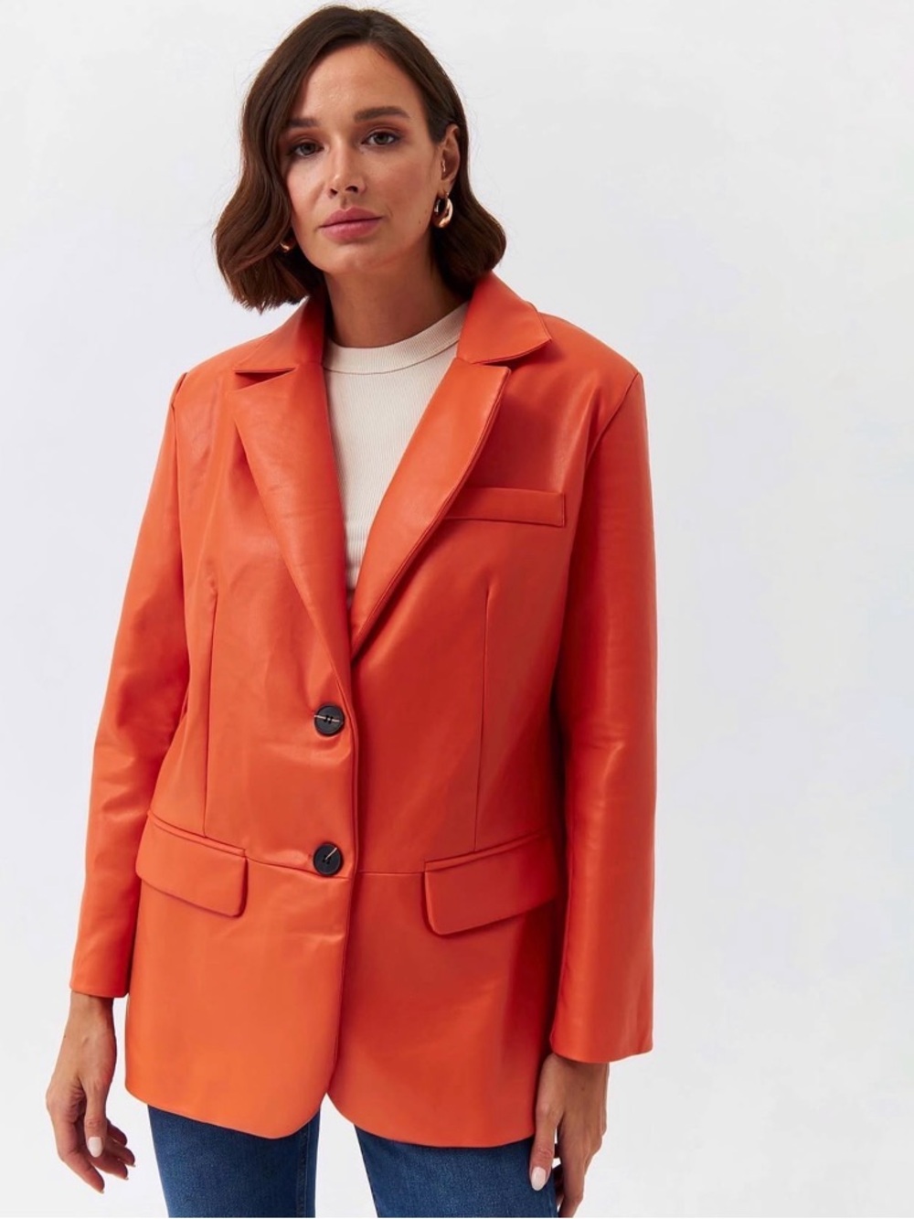 Structured Orange Faux Leather Blazer Jacket